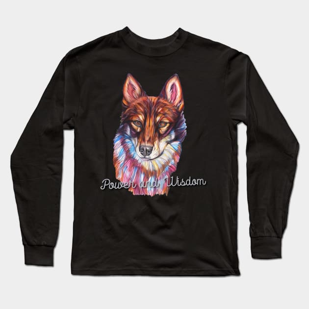 Power and Wisdom, Colorful Wolf Face Long Sleeve T-Shirt by candimoonart